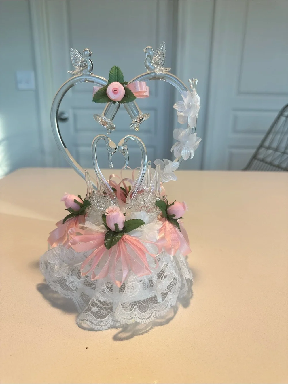 NIB Lomey Mfg Vintage Glass Swan and Heart Cake Topper